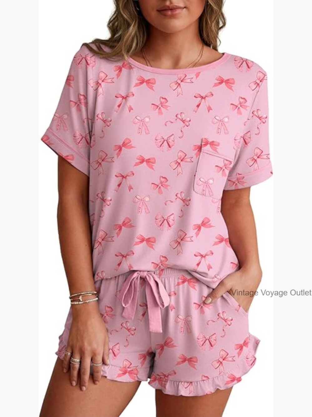 Womens Pajama Set 2 Piece Short Sleeve Top and Shorts Pjs Soft Lightweight